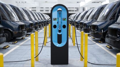 Modern electric EV vans charging in parking garage