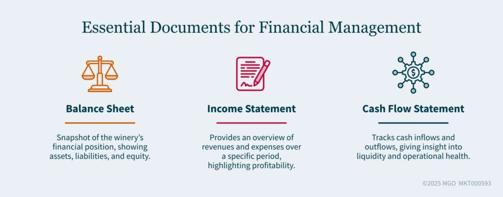 Essential Documents for Financial Management Graphic showing key documents for winery financial management including balance sheets, income statements, cash flow statements