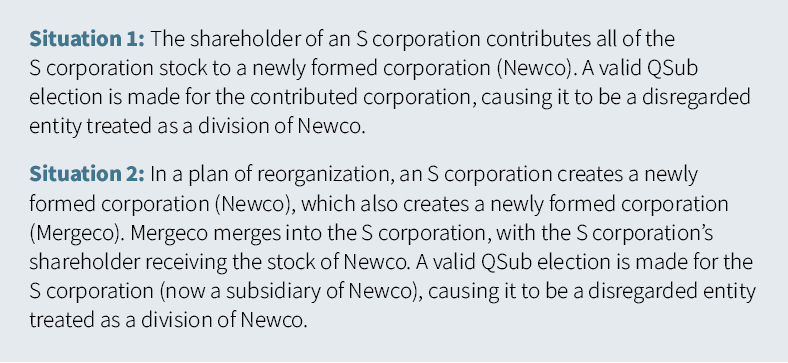 Examples of S corporation reorganizations with QSub elections, illustrating tax treatment under different restructuring scenarios."