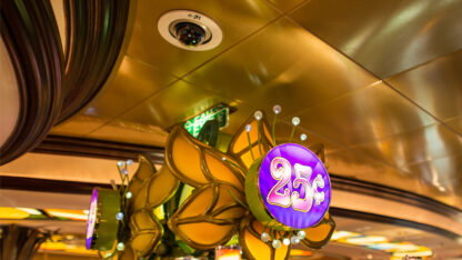 Top interior view of a casino, where a security camera helps to monitor for risks