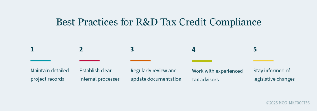 Best Practices for R&D Tax Credit Compliance R&D tax credit compliance best practices include maintaining detailed project records, establishing clear internal processes, and staying informed of legislative changes