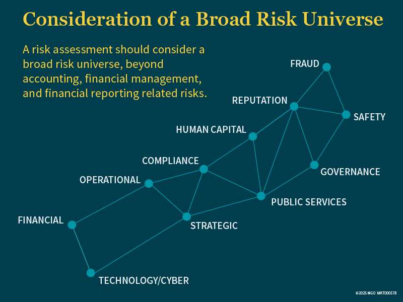 Graphic providing a visual example of a broad risk universe, including fraud, financial, operational, governance, and compliance considerations