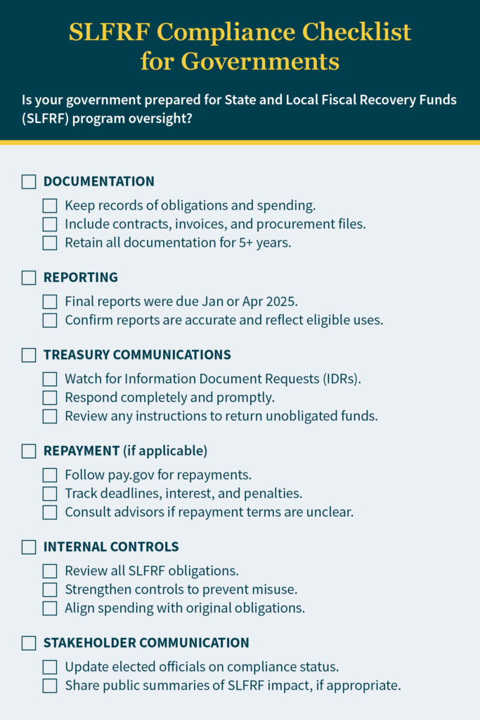 SLFRF Compliance Checklist for Governments Checklist to help state and local governments assess preparation levels for State and Local Fiscal Recovery Funds (SLFRF) program oversight?