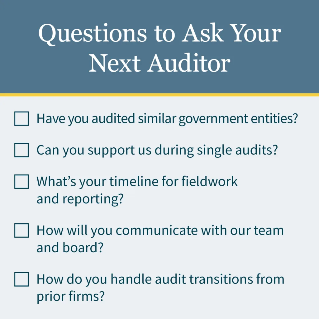Sample questions for government entities to ask prospective auditors, such as "what's your timeline for fieldwork and reporting?" and "how do you handle audit transitions>"